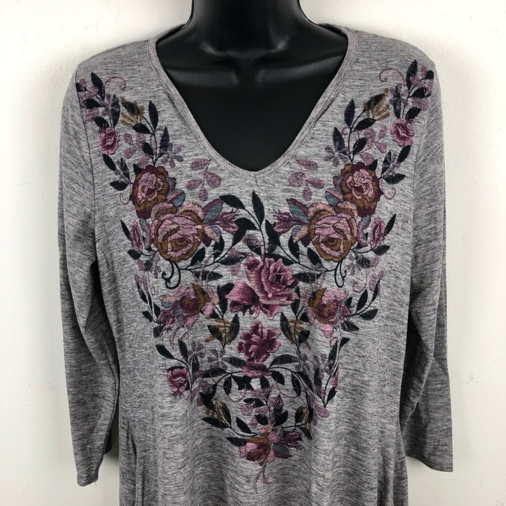 ONE WORLD SHIRT FLORAL TOP BLOUSE STRETCH LARGE V Neck Asymmetrical Hem